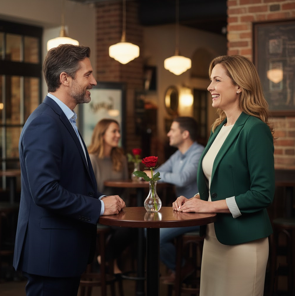 Mann und Frau bei der Begrüßung in einem Bistro