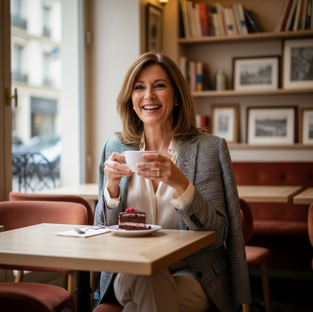 Porträt einer lächelnden, elegant gekleideten Frau mittleren Alters in einem gemütlichen Café, die eine Kaffeetasse hält; auf dem Tisch vor ihr steht ein Stück Schokoladenkuchen.