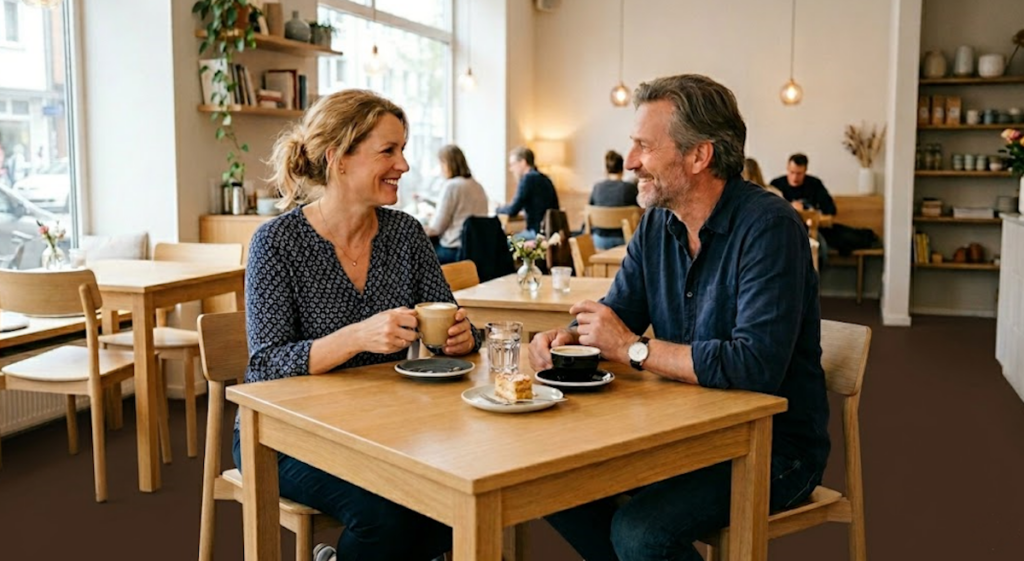 Eine Frau und ein Mann sitzen lächelnd an einem hellen Holztisch in einem Café, trinken Kaffee und unterhalten sich. Das Café hat ein modernes Interieur mit hellen Möbeln und einen durchgehenden, dunkelbraunen Boden.