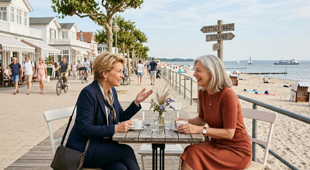 Zwei gut gekleidete, ältere Frauen sitzen lachend und gestikulierend an einem Strand-Cafe-Tisch an der Ostseepromenade. Im Hintergrund der Strand, Menschen und ein Schild mit der Aufschrift „OSTSEE-BAD STRAND“.