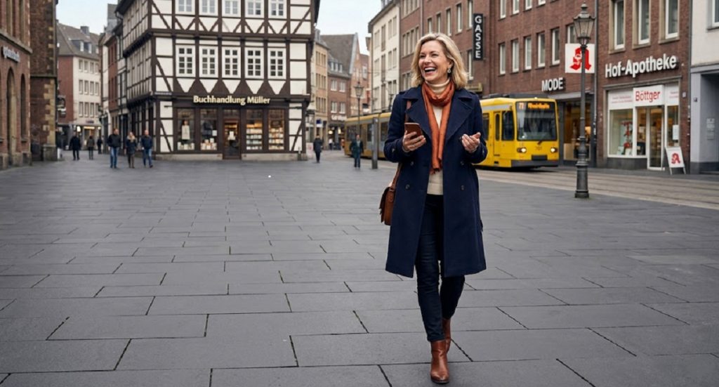 Eine lachende Frau mit Smartphone geht in einer Altstadt spazieren. Im Hintergrund sind Fachwerkhäuser mit einer Buchhandlung und einer Apotheke. Und eine gelbe Straßenbahn ist zu sehen.