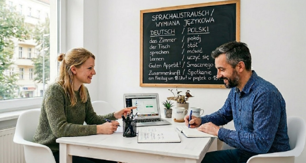 Zwei Erwachsene sitzen an einem Tisch und lernen gemeinsam Deutsch und Polnisch mit Laptop, Notizen und Tafel im Sprachunterricht.