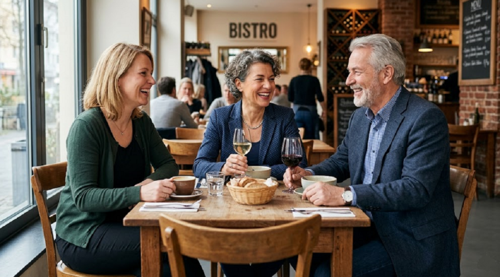 Eine Gruppe von drei gut gelaunten Personen sitzt in einem hellen, gemütlichen Bistro an einem Holztisch. Sie lachen und unterhalten sich. Auf dem Tisch stehen Gläser mit Wein, Kaffeetassen und ein Korb mit Snacks. Im Hintergrund sind große Fenster und weitere Restaurantgäste zu sehen.  