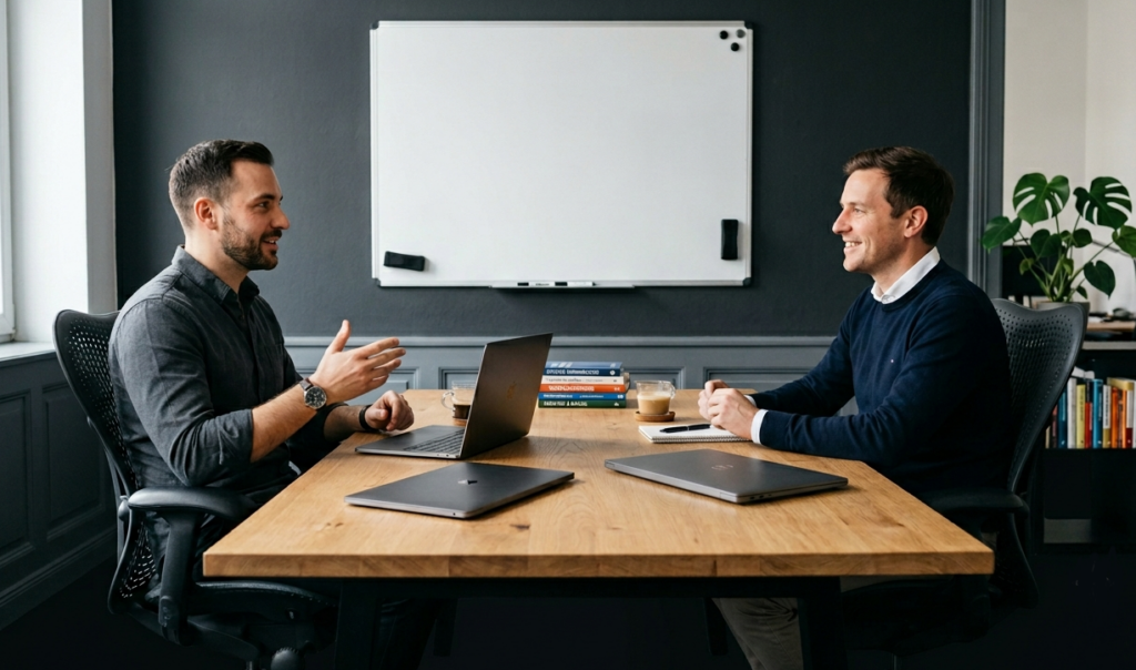 Ein Berater und ein Kunde sitzen in einem modernen Besprechungsraum an einem Tisch und führen ein freundliches Coaching-Gespräch über Kommunikation und Zusammenarbeit.