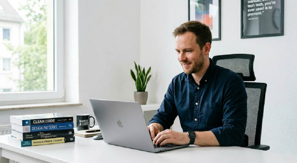 Ein Mann sitzt in einem modernen Office an einem Schreibtisch und arbeitet an einem Laptop. Auf dem Tisch befinden sich Bücher über Programmierung, eine Kaffeetasse und ein Notizbuch. Im Hintergrund sind ein Fenster, Pflanzen und gerahmte Bilder an der Wand zu sehen.