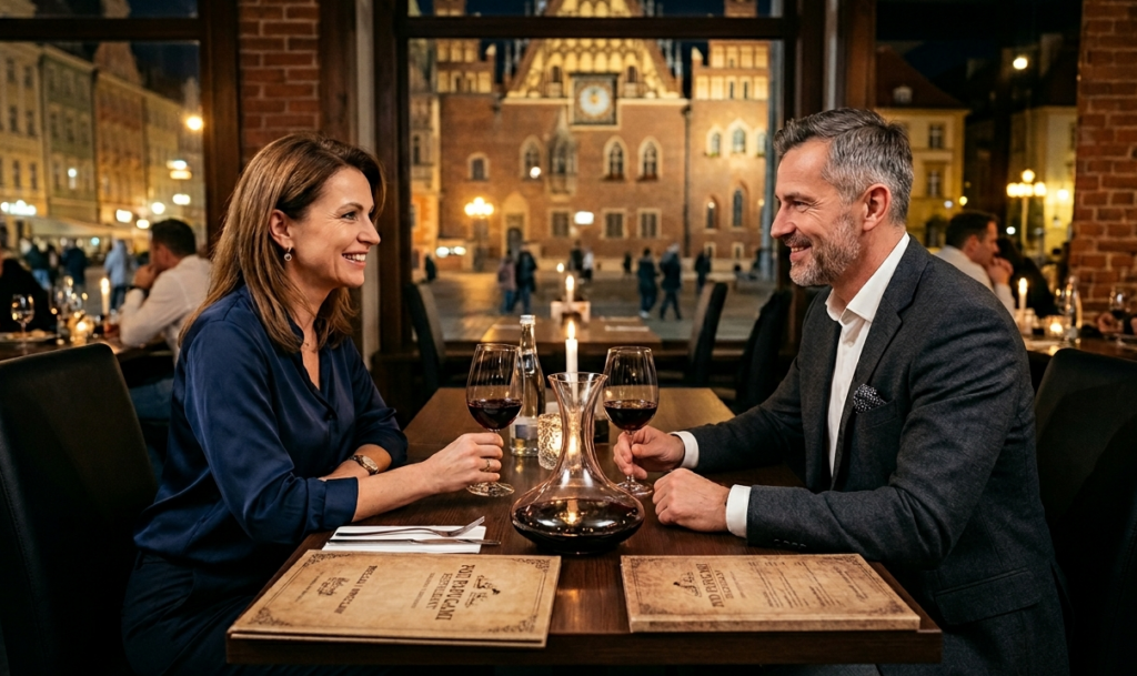 Ein Mann und eine Frau sitzen sich in einem eleganten Restaurant bei Kerzenschein gegenüber, trinken Wein und führen ein angenehmes Gespräch während eines romantischen Abendessens mit Blick auf eine beleuchtete Altstadt.