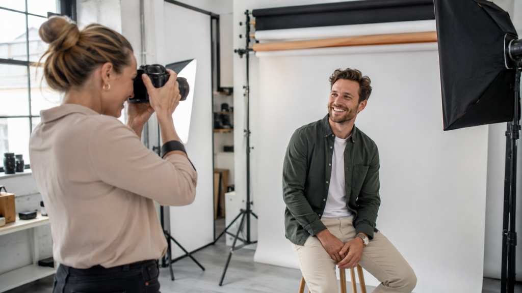 Eine Fotografin erstellt in einem hellen Fotostudio ein professionelles Porträt eines lächelnden Mannes. Das Fotoshooting dient der Erstellung authentischer Profilbilder für die Partnersuche über eine Partnervermittlung.