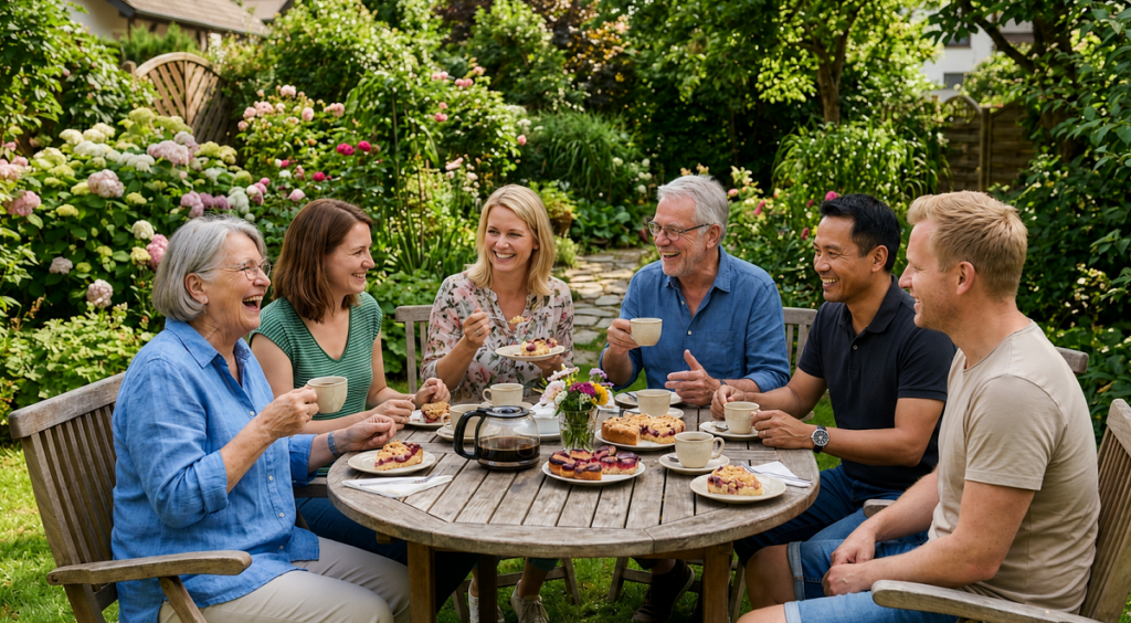 Sechs Familienmitglieder sitzen an einem runden Holztisch in einem blühenden Garten, trinken Kaffee, essen Kuchen und lachen gemeinsam bei sonnigem Wetter.