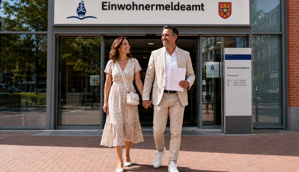 Paar verlässt ein Einwohnermeldeamt und hält dabei ein Dokument in den Händen.