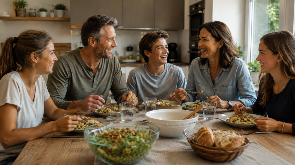 Fröhliche Familie mit zwei Erwachsenen und drei Jugendlichen sitzt gemeinsam an einem Esstisch und genießt ein gesundes Abendessen mit Salat, Pasta und Brot in einer modernen Küche.