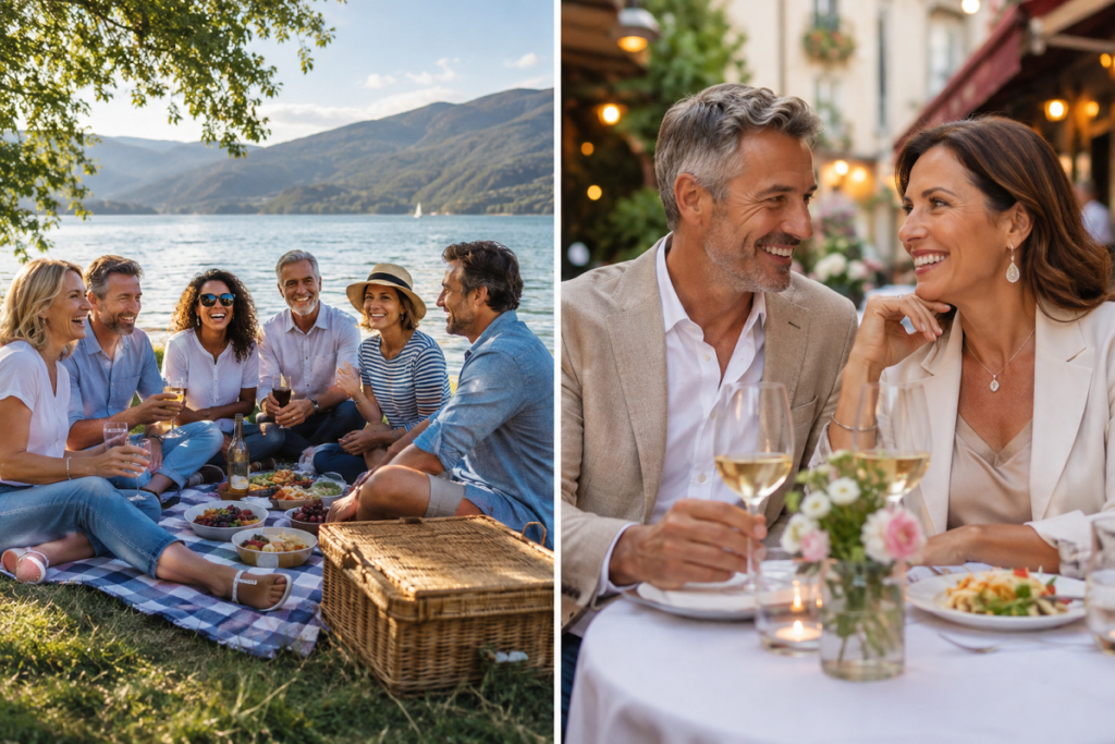 Eine Gruppe gut gelaunter Menschen beim Picknick am See und ein elegantes Paar beim gemeinsamen Essen im Bistro